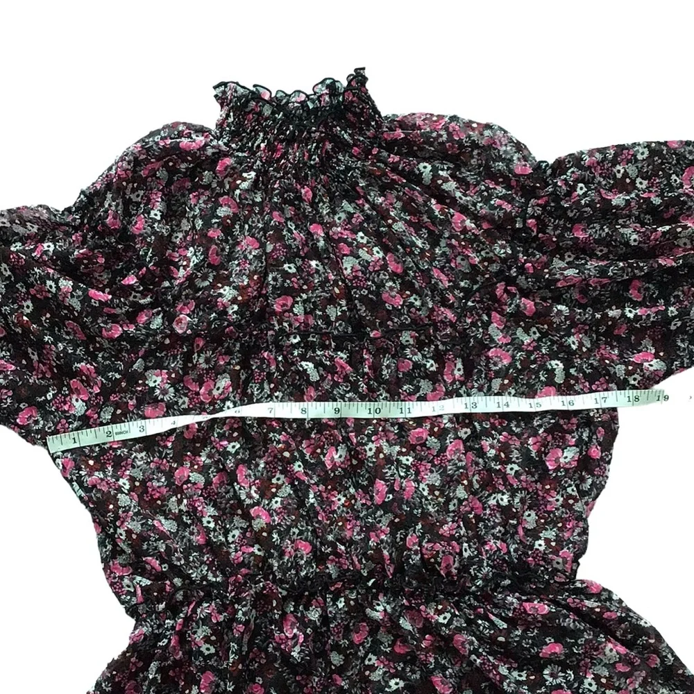Zara Floral Print Pink Black Ruffle Neck Blouse, size M - Picture 12 of 14
